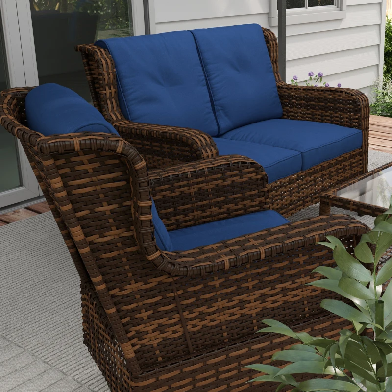 Outsunny 4 Piece Rattan Patio Furniture Set, Conversation Set with Swivel Glider Chairs Table Loveseat for Garden, Patio, Blue