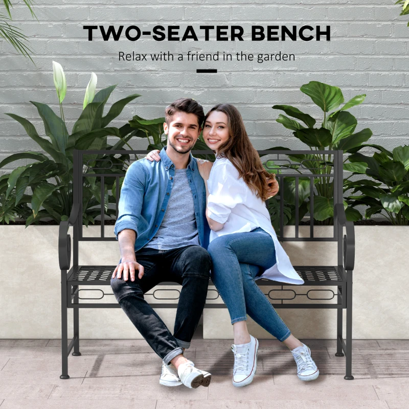 Outsunny 44" Metal Park Bench, 2 Seater Garden Bench with Decorative Backrest and Grid Seat for Patio, Backyard, Lawn, Black