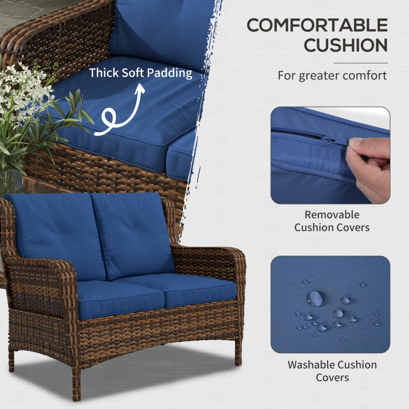 Outsunny 4 Piece Rattan Patio Furniture Set, Conversation Set with Swivel Glider Chairs Table Loveseat for Garden, Patio, Blue