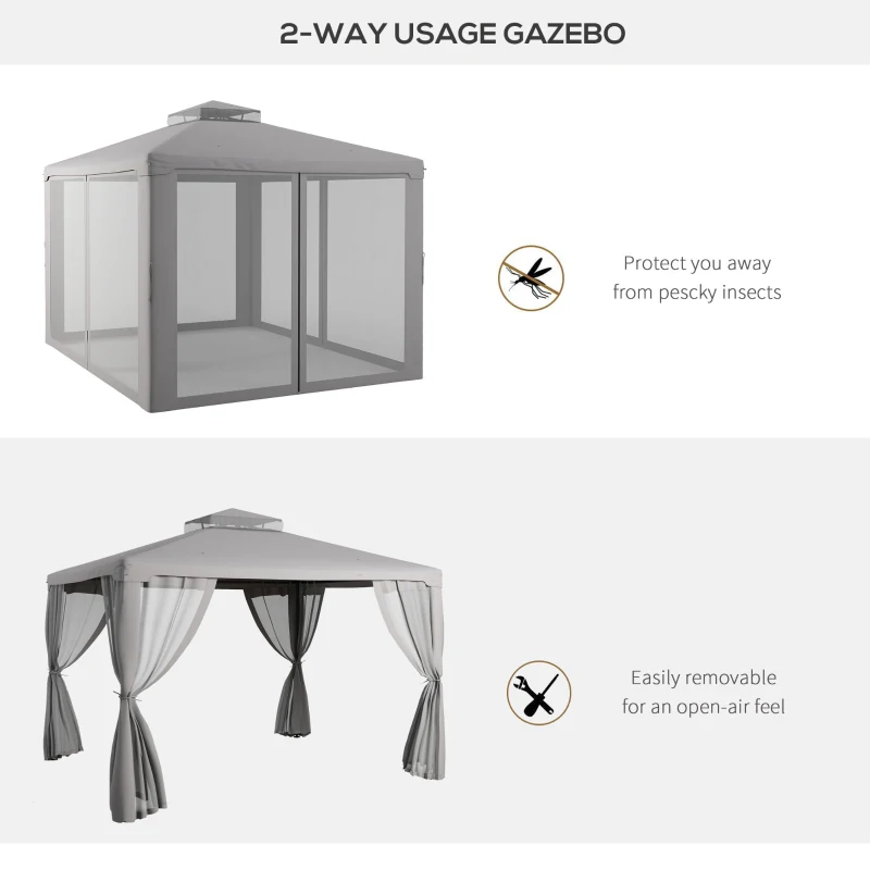 Outsunny 9.6' x 11.6' Patio Gazebo Outdoor Canopy Shelter with 2-Tier Roof and Netting, Steel Frame for Garden, Gray