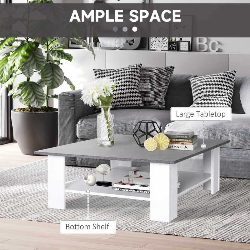 HOMCOM Square Coffee Table with Storage Shelf and Cement-like Tabletop for Living Room, White