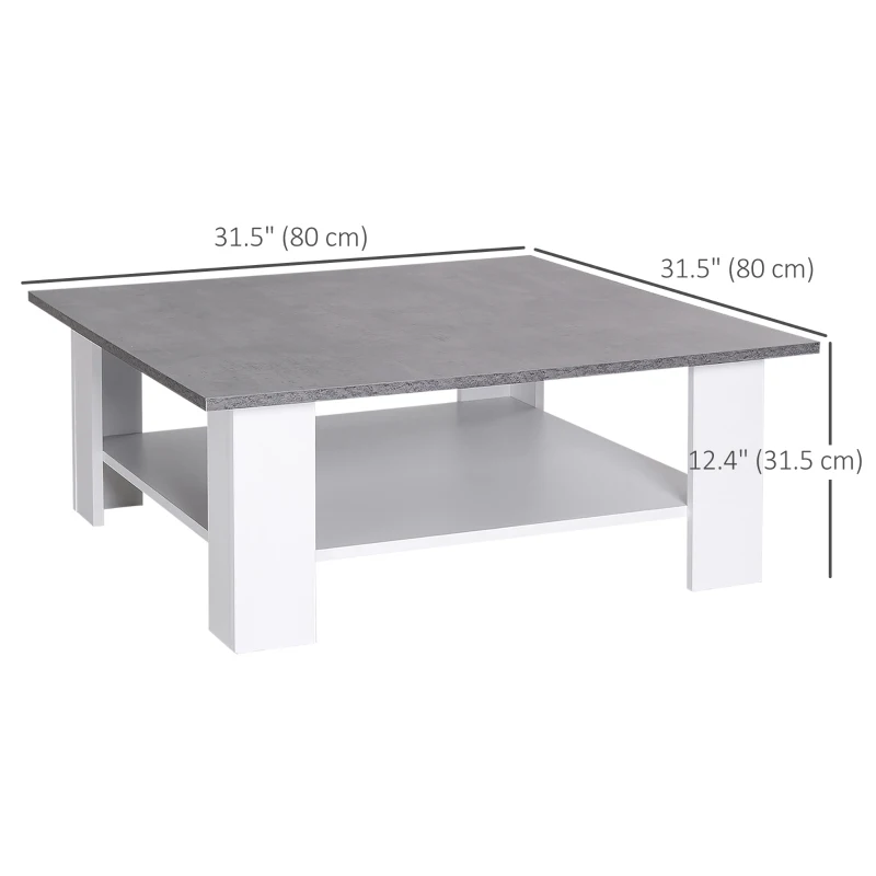 HOMCOM Square Coffee Table with Storage Shelf and Cement-like Tabletop for Living Room, White