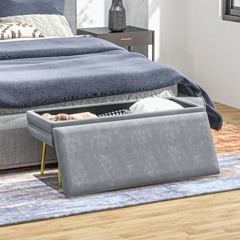 HOMCOM 39" Storage Ottoman, Velvet End of Bed Bench with Steel Legs, Foot Stool with Storage for Bedroom, Living Room