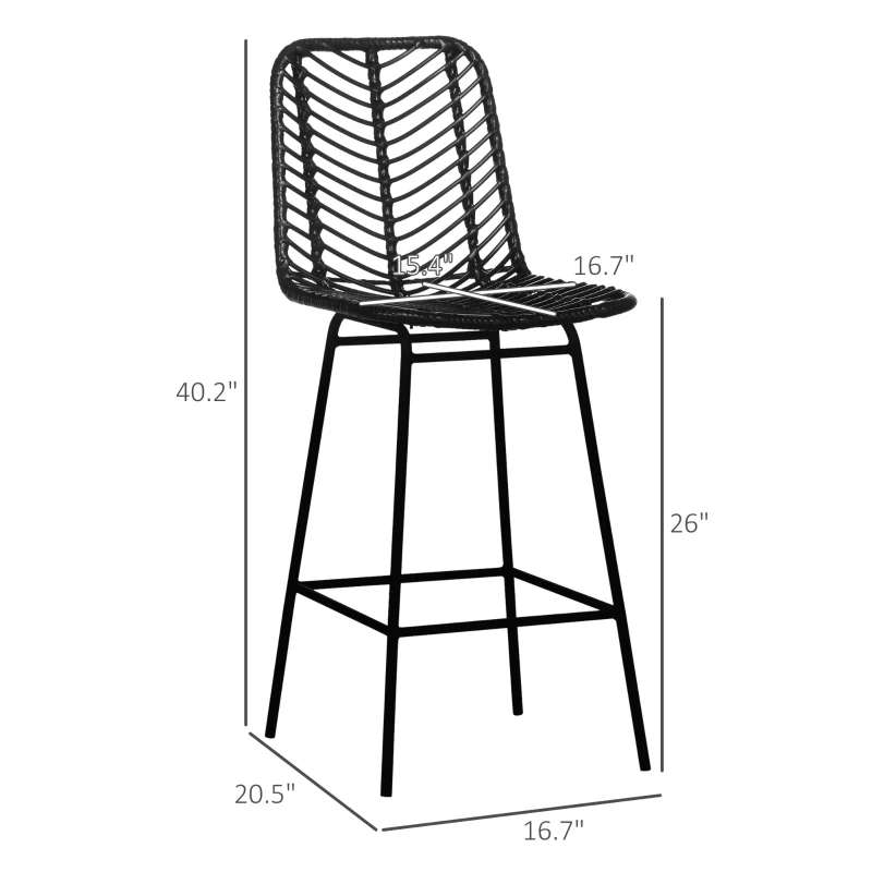 HOMCOM Set of 2 Rattan Barstools Wicker Counter Stools with Steel Legs and Footrest for Dining Room Kitchen Pub Black