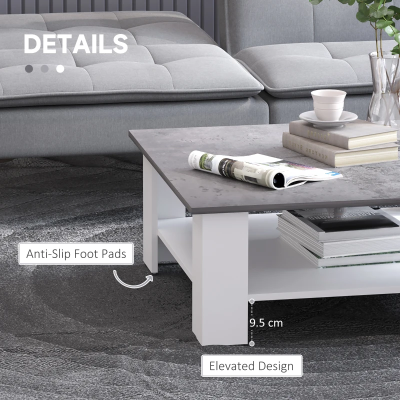 HOMCOM Square Coffee Table with Storage Shelf and Cement-like Tabletop for Living Room, White