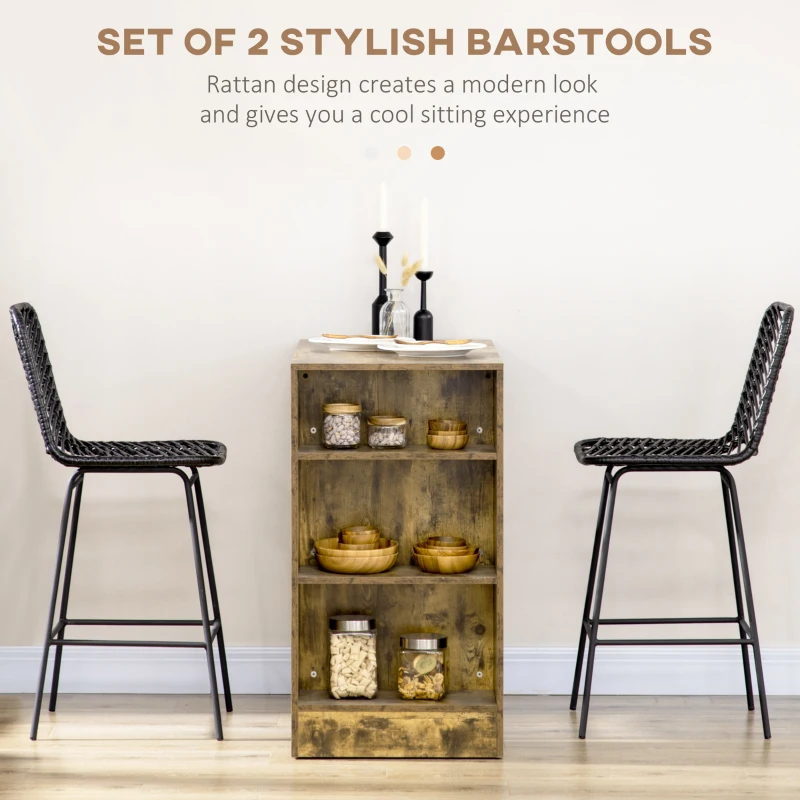 HOMCOM Set of 2 Rattan Barstools Wicker Counter Stools with Steel Legs and Footrest for Dining Room Kitchen Pub Black