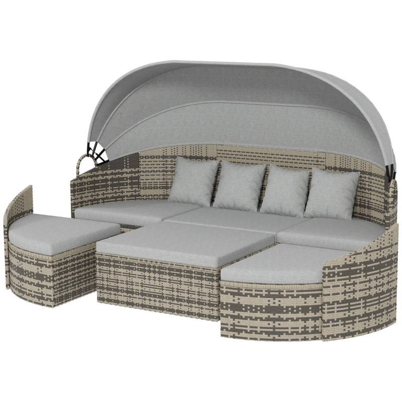 Outsunny 4 Pieces Patio PE Wicker Round Daybed, Outdoor Rattan Garden Lounge Furniture Sets, Light Grey