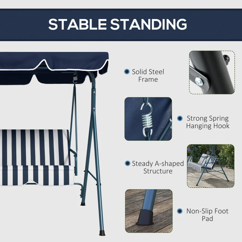 Outsunny 3-Seat Outdoor Patio Swing Chair w/ Cushion, Steel Frame Stand, Adjustable Tilt Canopy for Patio, Garden, Blue & White