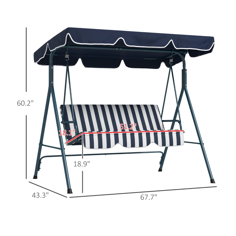 Outsunny 3-Seat Outdoor Patio Swing Chair w/ Cushion, Steel Frame Stand, Adjustable Tilt Canopy for Patio, Garden, Blue & White