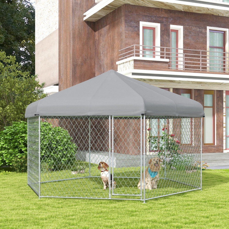 PawHut Large Outdoor Dog Kennel 13.4 x 11.5 ft Waterproof UV Resistant Roof Medium Large Dogs Silver Aosom