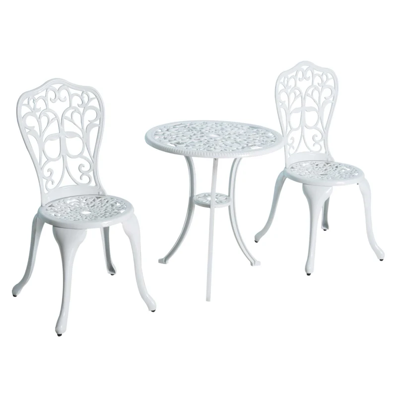 Outsunny 3 Pieces Antique Outdoor Bistro Set for 2 Patio Table and Chairs Set with Umbrella Hole White
