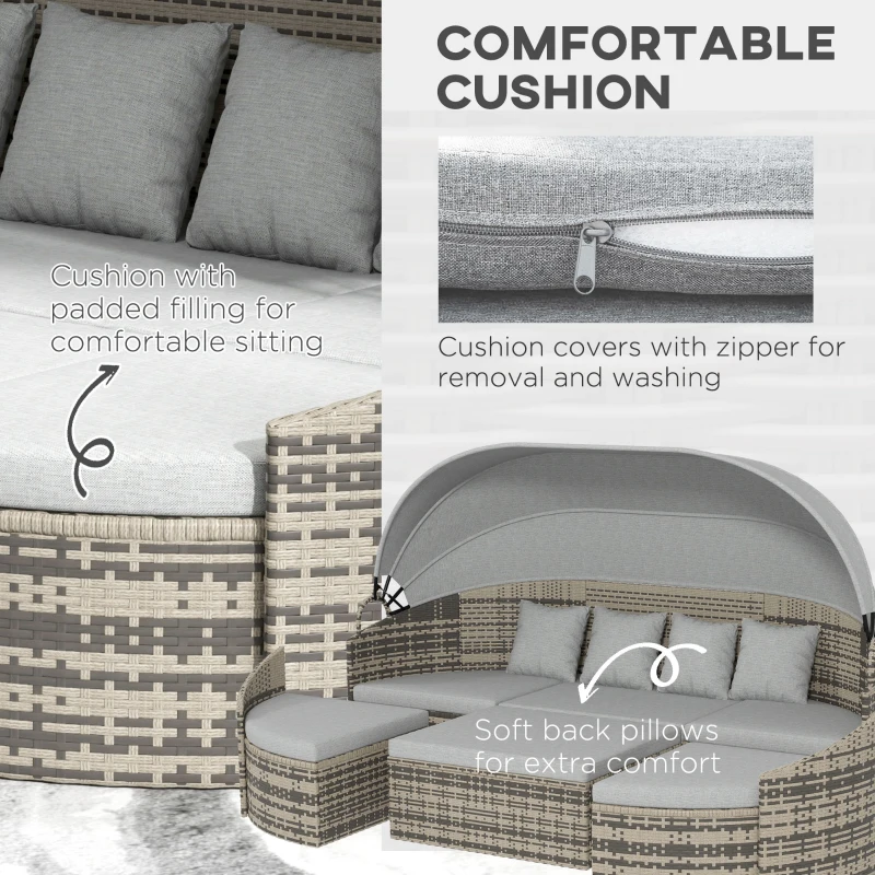 Outsunny 4 Pieces Patio PE Wicker Round Daybed, Outdoor Rattan Garden Lounge Furniture Sets, Light Grey
