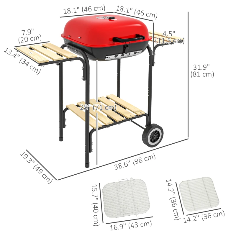 Outsunny Charcoal BBQ Grill Rolling Barbecue Trolley Smoker with Wheels, 2 Side Shelves and a Bottom Shelf, Black and Red