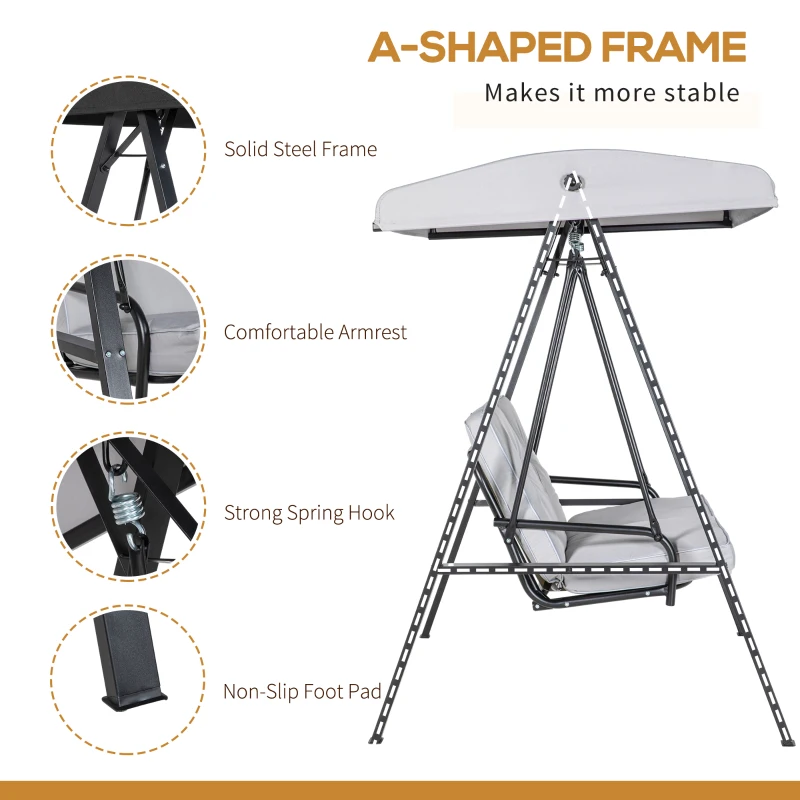 Outsunny 2-Seater Outdoor Porch Swing with Adjustable Canopy, Patio Swing Chair for Garden, Poolside, Backyard, Grey