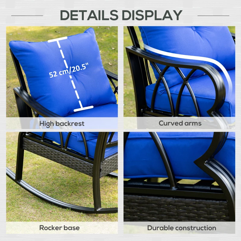 Outsunny Outdoor Wicker Rocking Chair with Padded Cushions for Garden, Patio, and Backyard, Blue