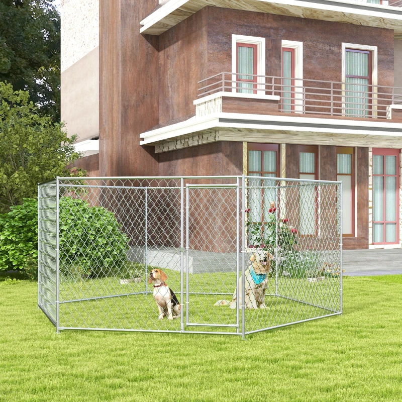 PawHut 13.4' x 11.5' x 5.6' Dog Kennel Outdoor for Medium and Large-Sized Dogs with Lockable Door, Silver