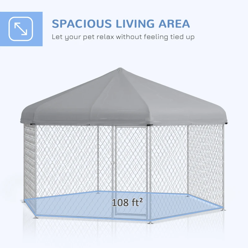 PawHut 13.4' x 11.5' x 8.8' Dog Kennel Outdoor for Medium and Large-Sized Dogs with Waterproof UV Resistant Roof, Silver