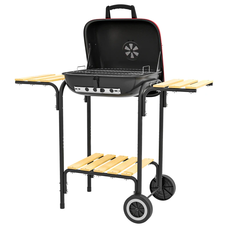 Outsunny Charcoal BBQ Grill Rolling Barbecue Trolley Smoker with Wheels, 2 Side Shelves and a Bottom Shelf, Black and Red