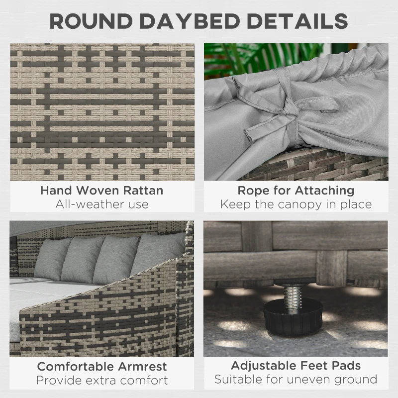 Outsunny 4 Pieces Patio PE Wicker Round Daybed, Outdoor Rattan Garden Lounge Furniture Sets, Light Grey