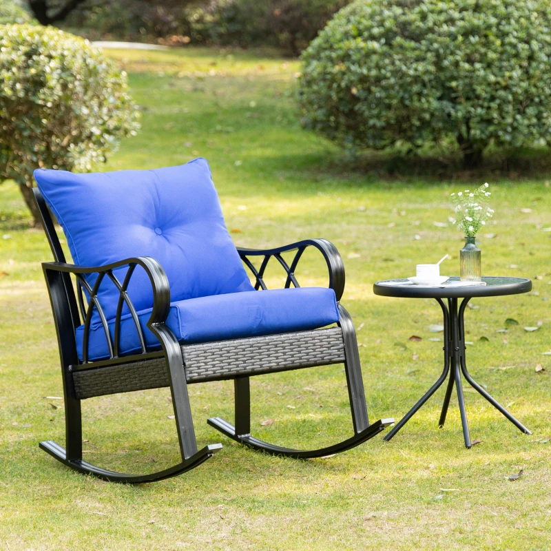 Outsunny Outdoor Wicker Rocking Chair with Padded Cushions for Garden, Patio, and Backyard, Blue