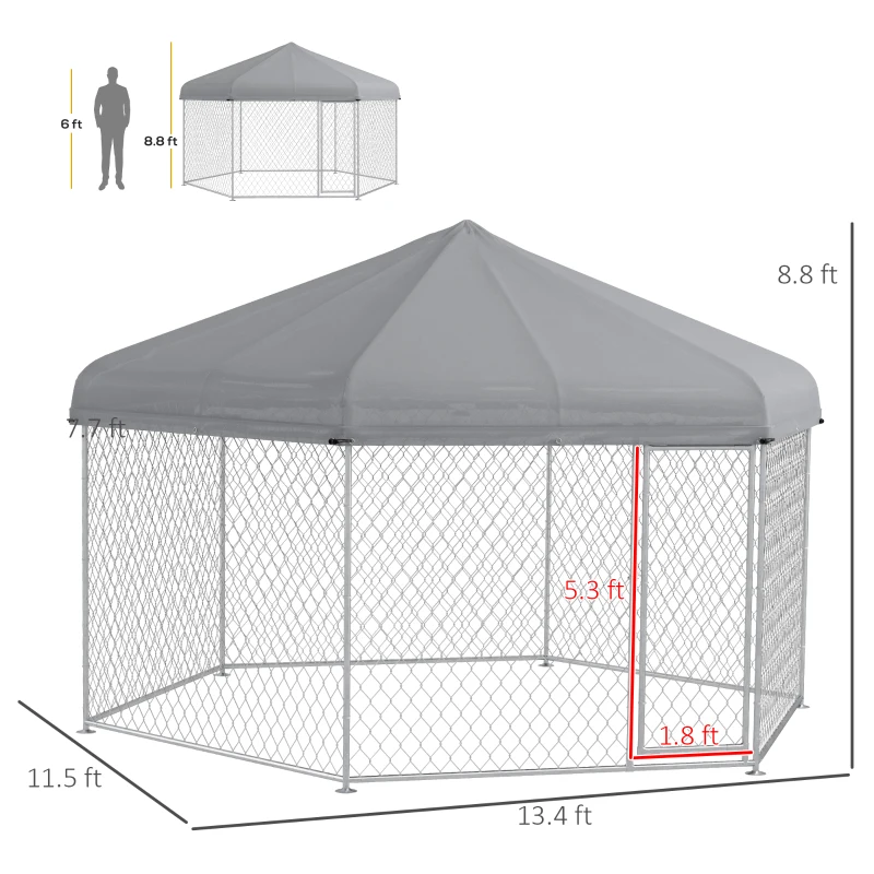 PawHut 13.4' x 11.5' x 8.8' Dog Kennel Outdoor for Medium and Large-Sized Dogs with Waterproof UV Resistant Roof, Silver