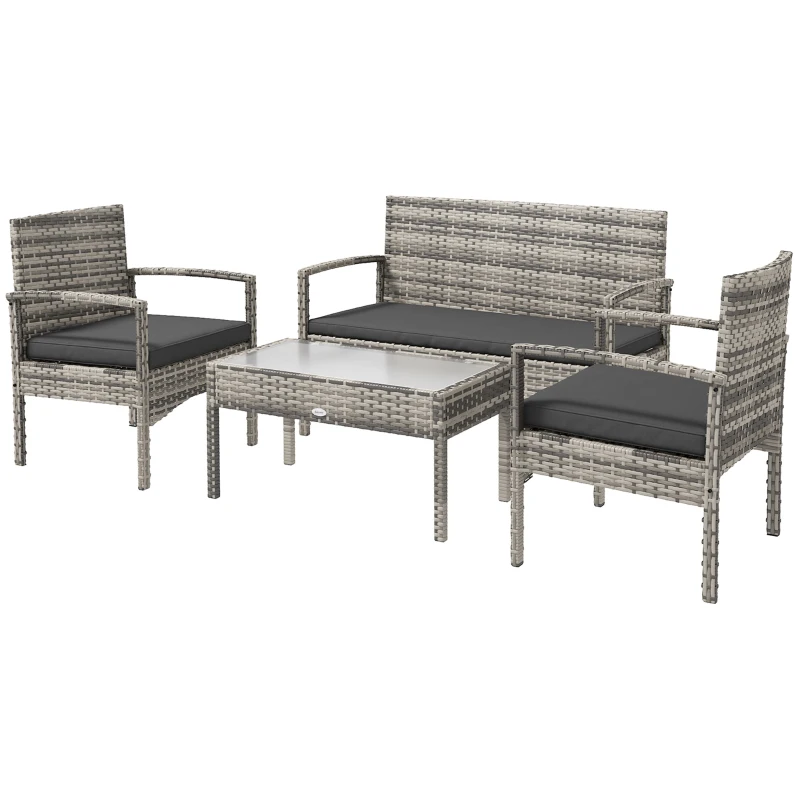 Outsunny 4 Pieces Patio Furniture Set with Loveseat Bench, Armchairs, Glass Table, Outdoor Wicker Conversation Seating Set, Grey