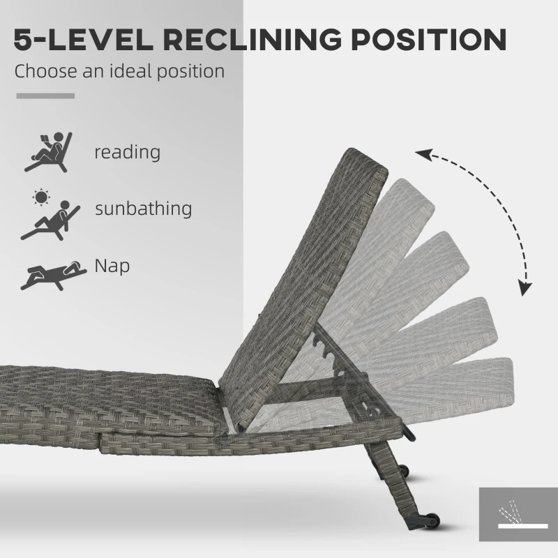 Outsunny Rattan Outdoor Lounger Chair Recliner with 5-Level Adjustable Backrest, Wheels for Garden, Patio, Poolside, Mixed Grey