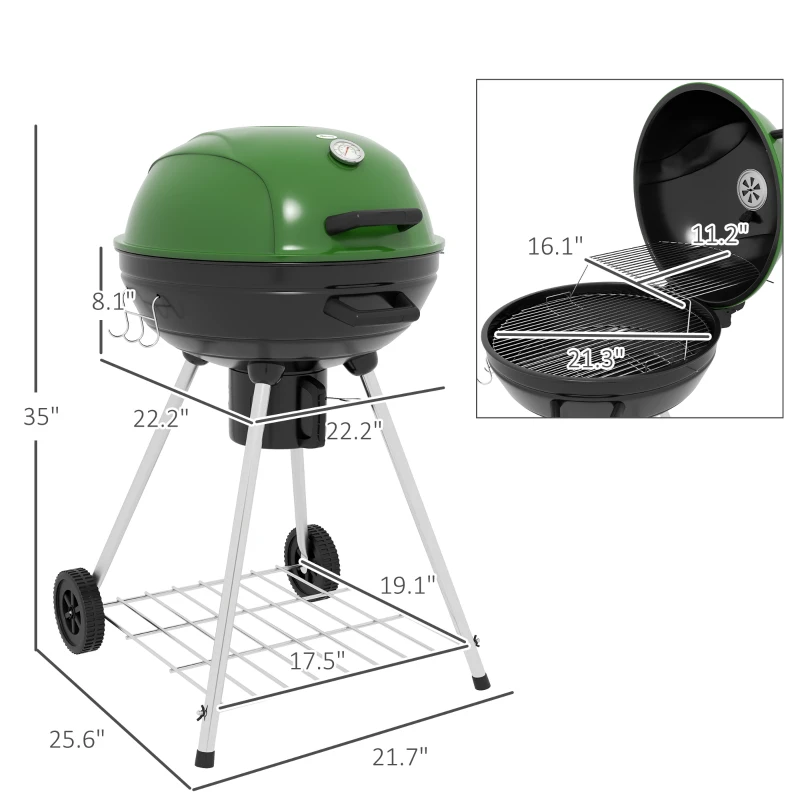 Outsunny 21" Kettle Charcoal BBQ Grill Barbecue Smoker with 360 sq.in. Cooking Area, Wheels, Ash Catcher, Green