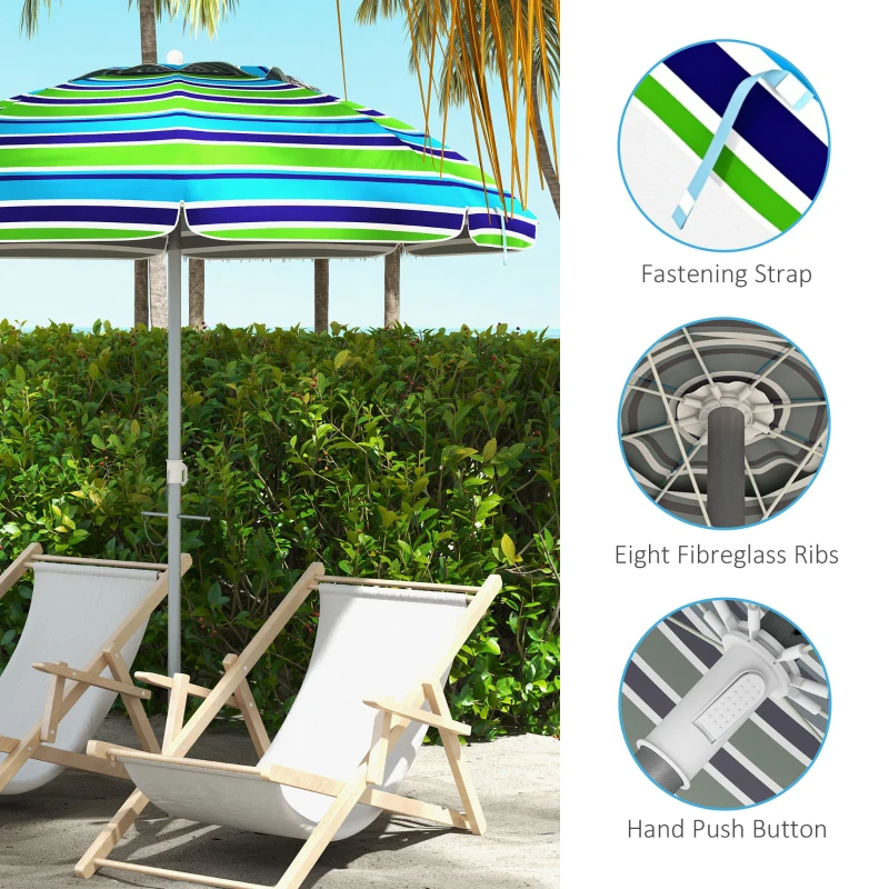 Outsunny 6ft Travel Beach Umbrella with Sand Anchor Height Adjustable Sun Umbrella with Tilt Bag 40+ UV Protection Multicolour