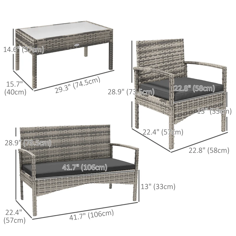 Outsunny 4 Pieces Patio Furniture Set with Loveseat Bench, Armchairs, Glass Table, Outdoor Wicker Conversation Seating Set, Grey
