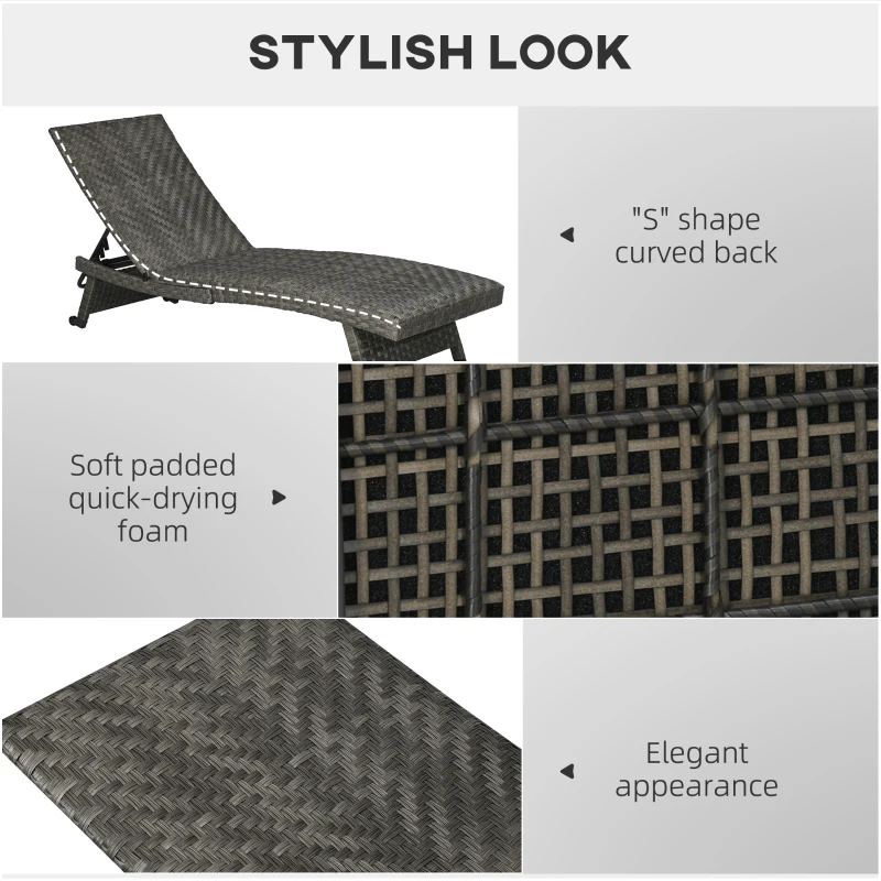 Outsunny Rattan Outdoor Lounger Chair Recliner with 5-Level Adjustable Backrest, Wheels for Garden, Patio, Poolside, Mixed Grey