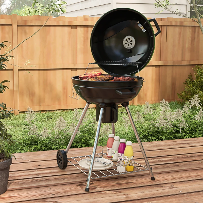 Outsunny 21" Kettle Charcoal BBQ Grill Barbecue Smoker with 360 sq.in. Cooking Area, Wheels, Ash Catcher, Green