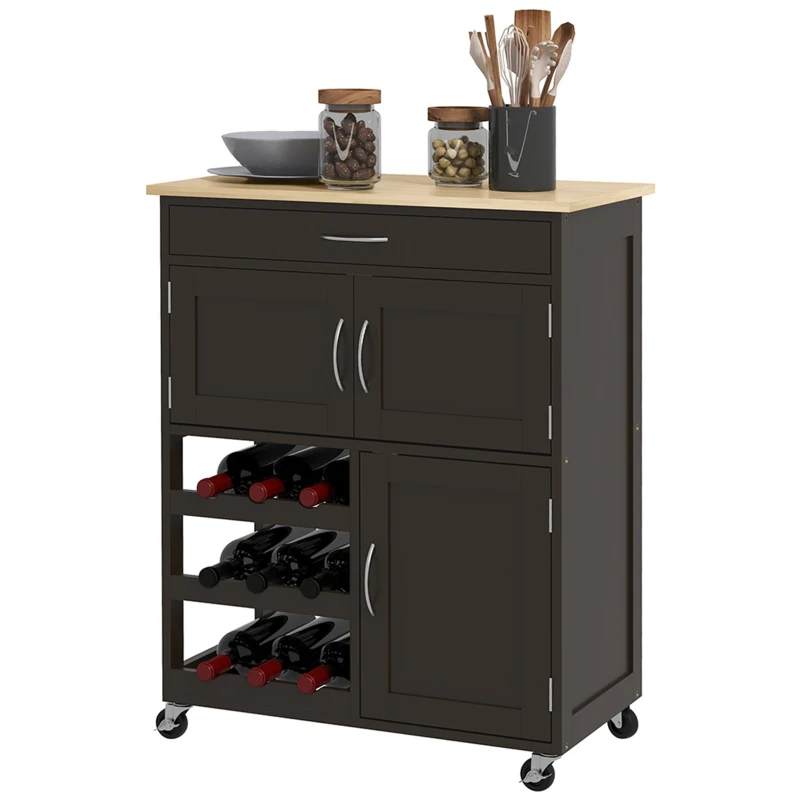 HOMCOM Rolling Kitchen Cart, Kitchen Island with Storage Drawer, 9-bottle Wine Rack, Door Cabinets, Wooden Countertop, Black
