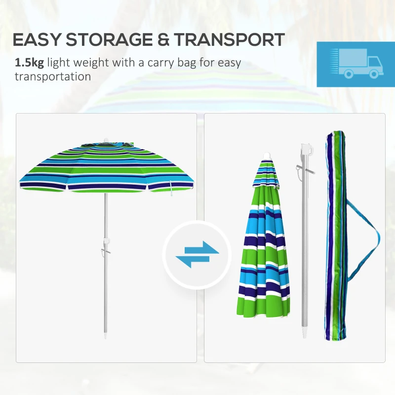 Outsunny 6ft Travel Beach Umbrella with Sand Anchor Height Adjustable Sun Umbrella with Tilt Bag 40+ UV Protection Multicolour