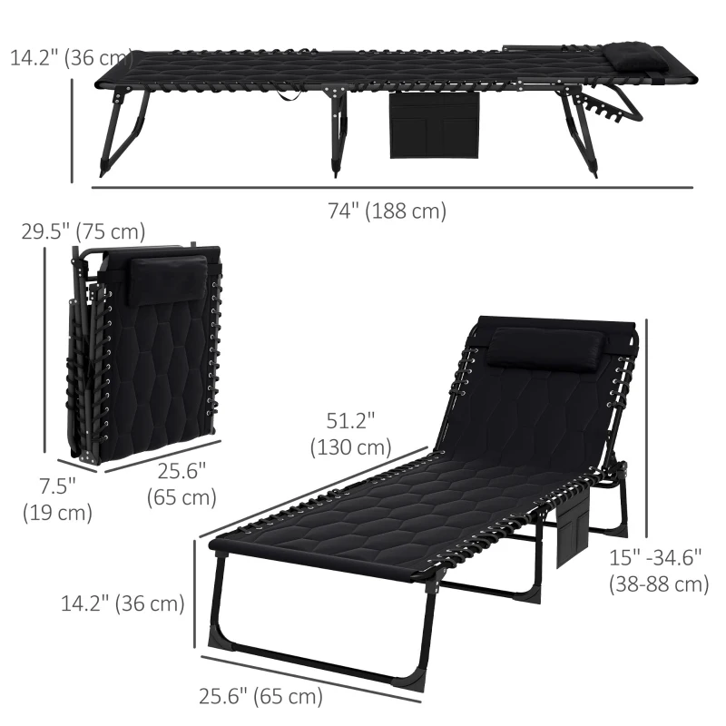 Outsunny Folding Chaise Lounge with Reclining Back, 25.6" x 74" x 14.2", Black