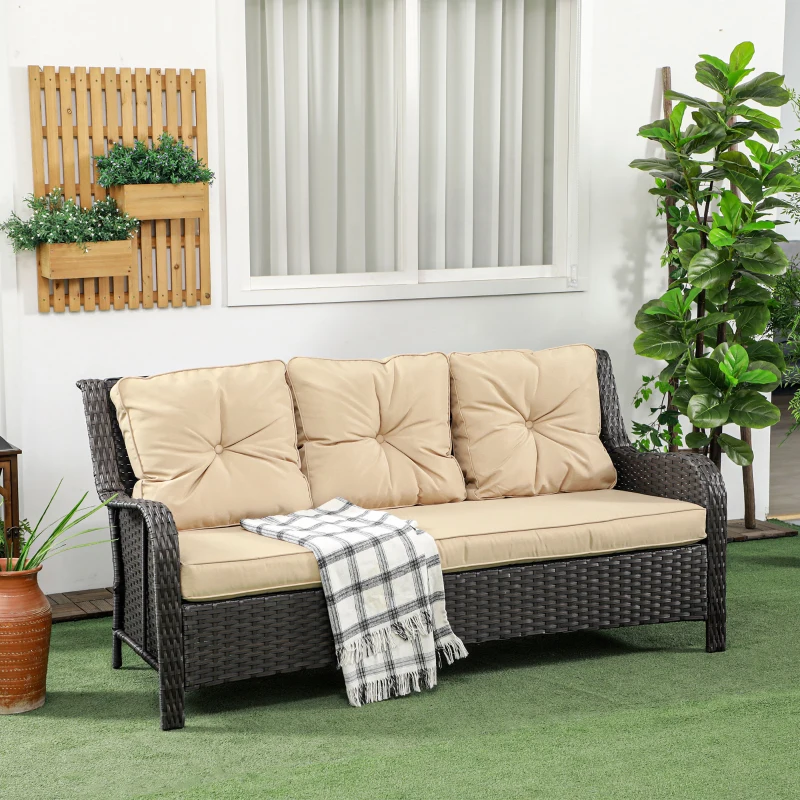 Outsunny 3-Seater Outdoor Sofa w/ 4" Thick Cushions, Outdoor Couch, Beige