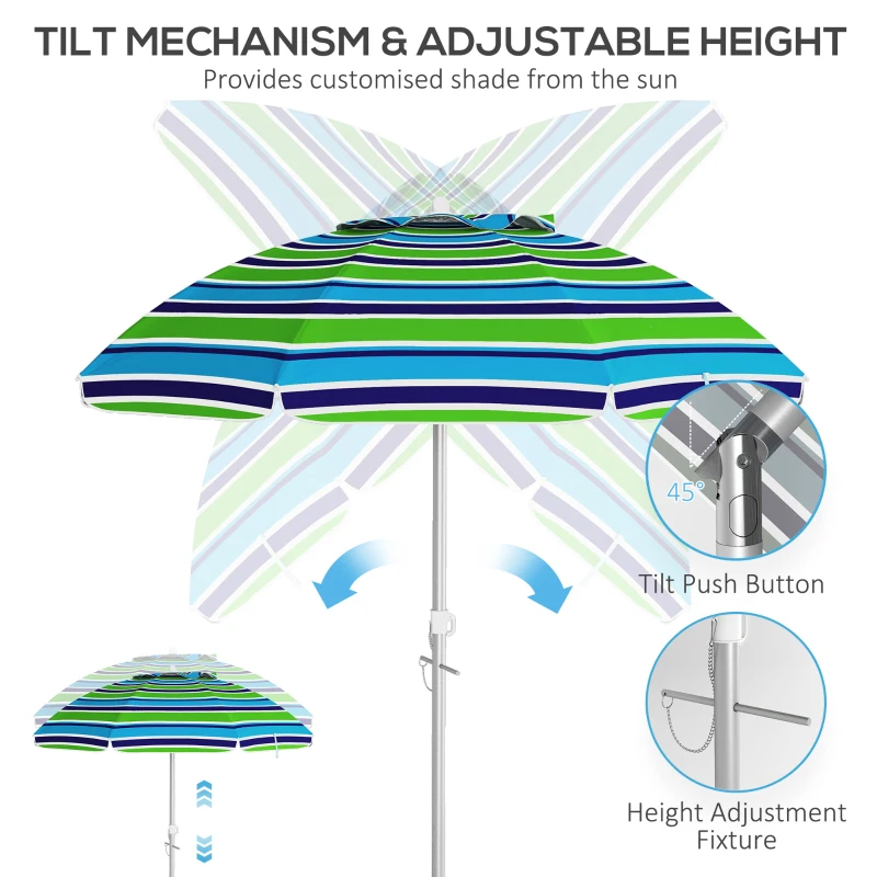 Outsunny 6ft Travel Beach Umbrella with Sand Anchor Height Adjustable Sun Umbrella with Tilt Bag 40+ UV Protection Multicolour