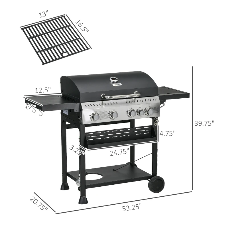 Outsunny 4 Burner Propane Gas Grill with Side Burner, 40,000 BTU Outdoor Barbeque with Shelves, Thermometer, Bottle Opener, Black