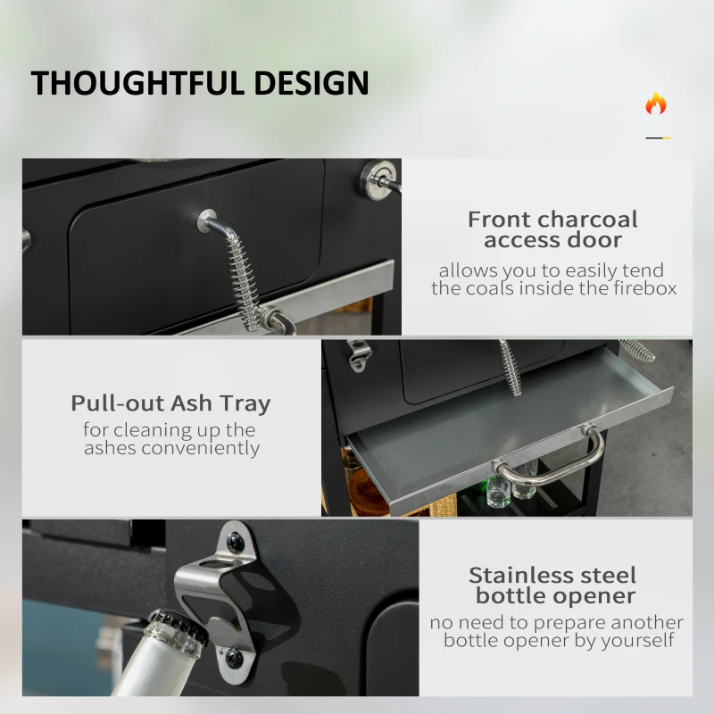 Outsunny Charcoal BBQ Grill Smoker with Adjustable Charcoal Pan and Galvanised Steel Shell, Barbecue Grill Trolley with Storage