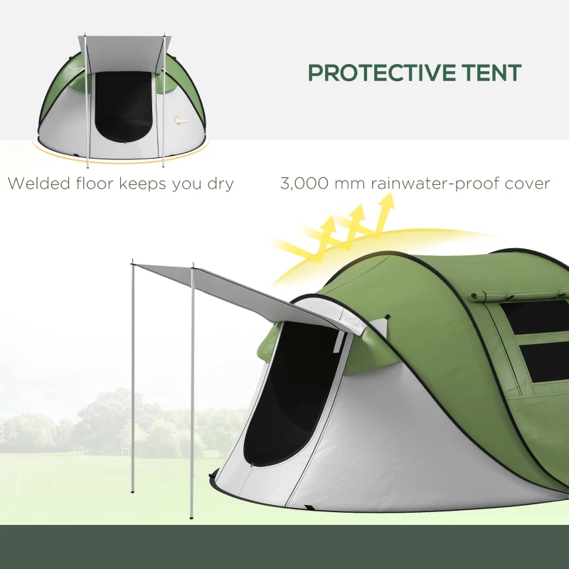 Outsunny Pop Up Tent with Porch and Carry Bag, 3000mm Waterproof, for 2-3 People Camping Hiking, Green