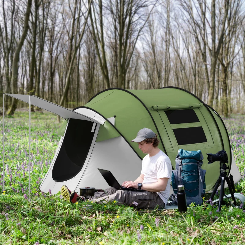 Outsunny Pop Up Tent with Porch and Carry Bag, 3000mm Waterproof, for 2-3 People Camping Hiking, Green