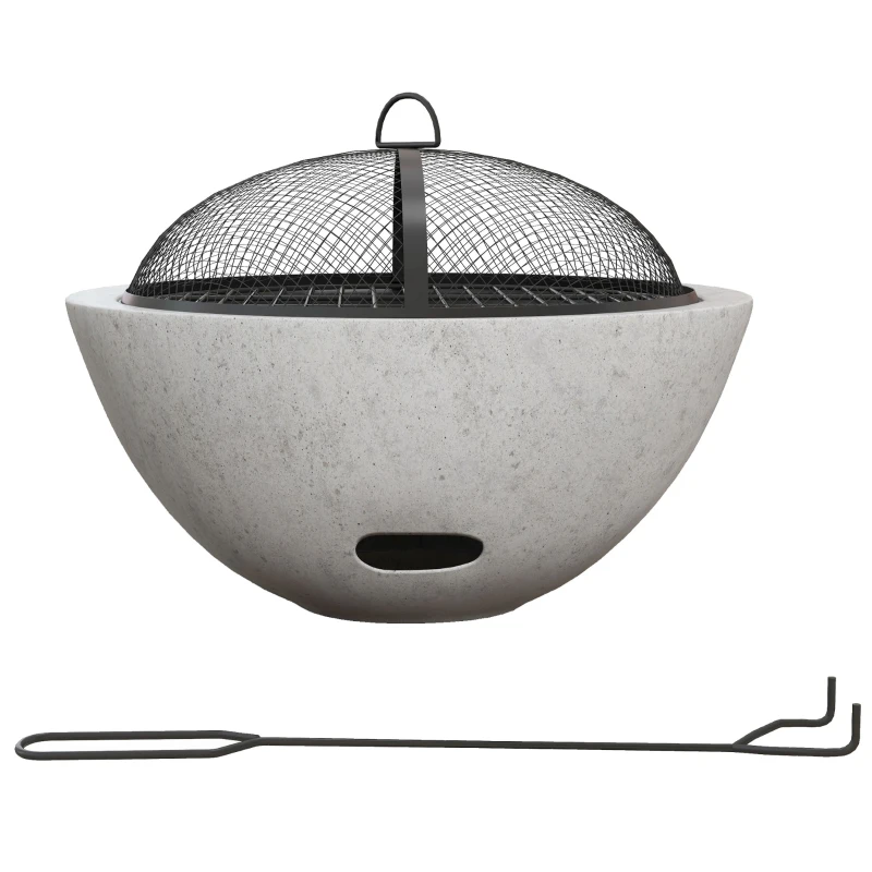 Outsunny 2-in-1 Fire Pit BBQ Charcoal Grill, 24" Wood-burning Firepit with Mesh Lid and Poker, Grey