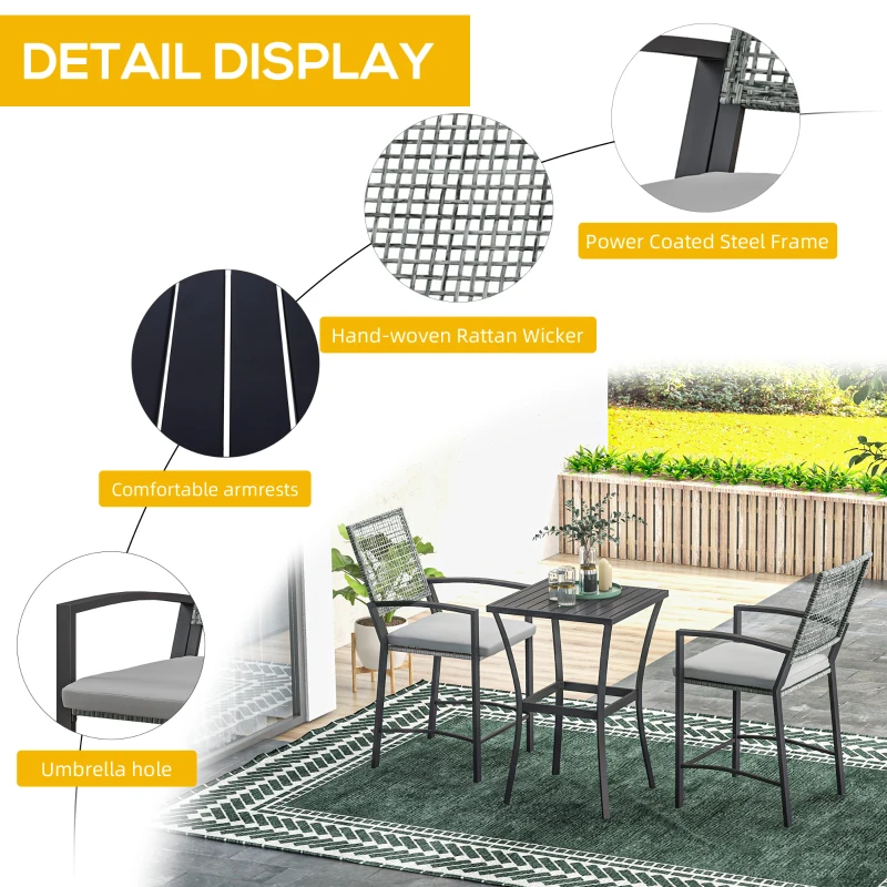 Outsunny 3pc Rattan Patio Bar Table and Bar Chairs w/ Cushions Home Bar Furniture
