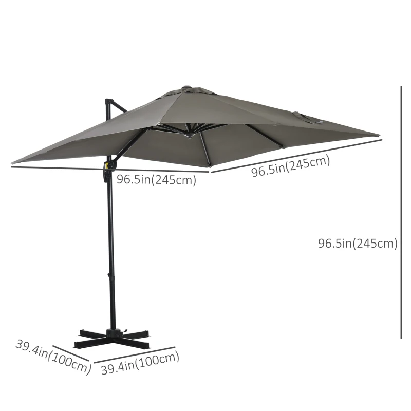 Outsunny 8' x 8' Square Patio Hanging Offset Umbrella with 360° Rotation, Aluminum Outdoor Cantilever Market Parasol, Light Grey