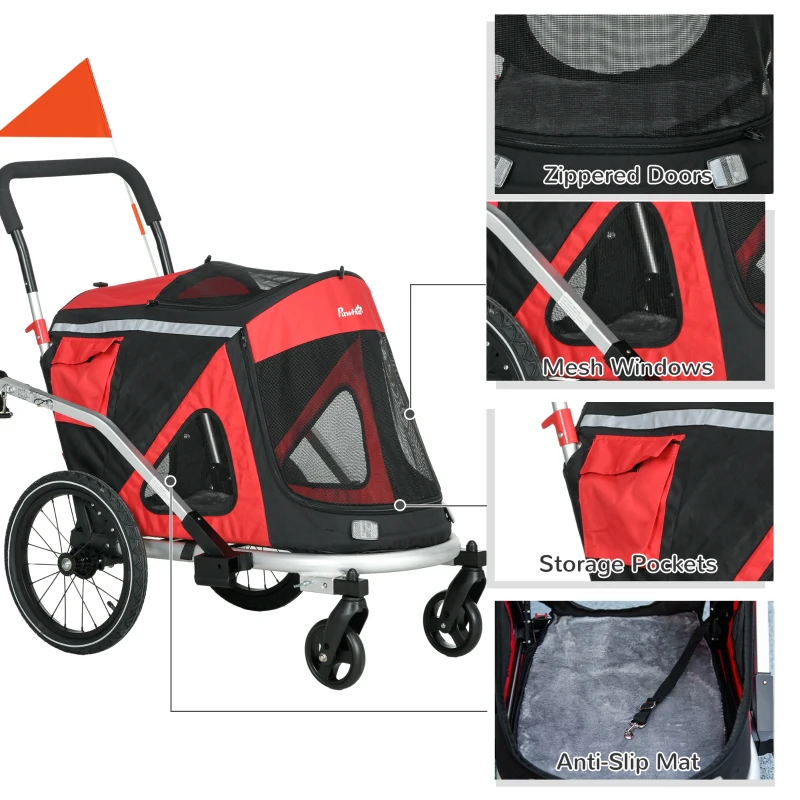 Aosom 2 in 1 Bike Trailer with Aluminum Frame, Quick Release Wheels, Safety Leash, Anti-Slip Mat for Medium Dogs, Red
