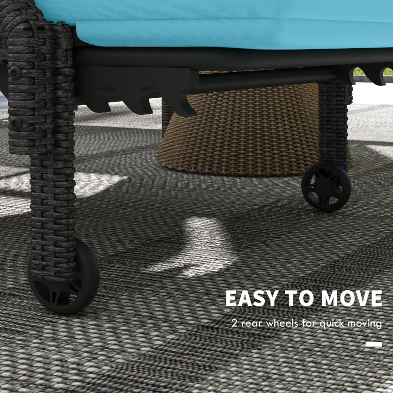 Outsunny 2 Piece Wicker Chaise Lounger PE Rattan Outdoor Lounge Chair Recliner with Adjustable Backrest and 2 Wheels, Sky Blue