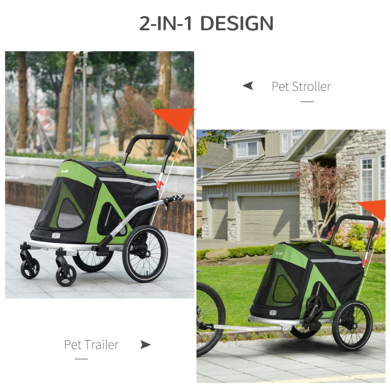 Aosom 2 in 1 Bike Trailer with Aluminum Frame, Quick Release Wheels, Safety Leash, Anti-Slip Mat for Medium Dogs, Green