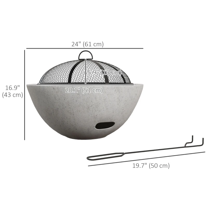 Outsunny 2-in-1 Fire Pit BBQ Charcoal Grill, 24" Wood-burning Firepit with Mesh Lid and Poker, Grey