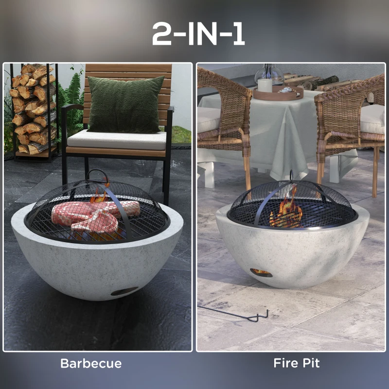 Outsunny 2-in-1 Fire Pit BBQ Charcoal Grill, 24" Wood-burning Firepit with Mesh Lid and Poker, Grey