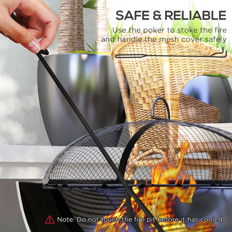 Outsunny 2-in-1 Fire Pit BBQ Charcoal Grill, 24" Wood-burning Firepit with Mesh Lid and Poker, Grey